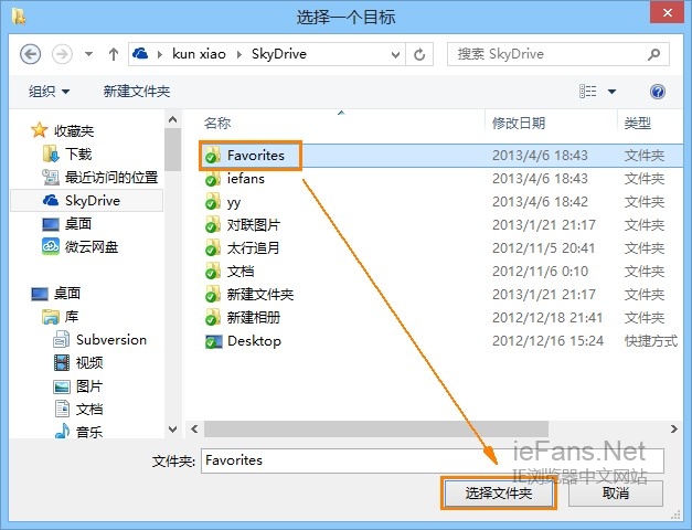 选中在skydrive中新建的favorites文件夹