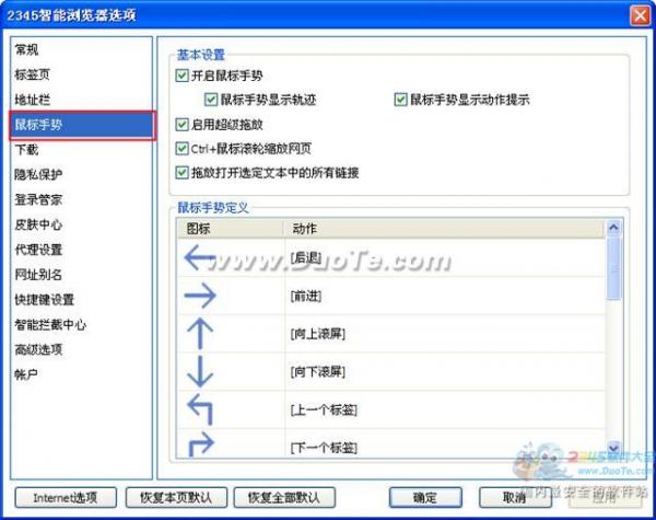 2345智能浏览器鼠标手势设置