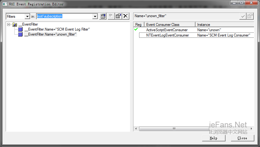 打开 WMI event viewer 填入 root/subscription