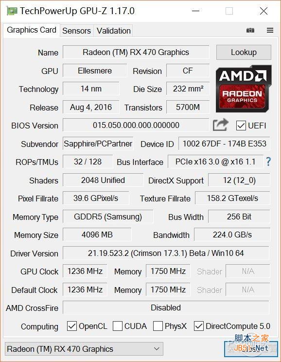 蓝宝石 RX470 4G D5海外版OC评测