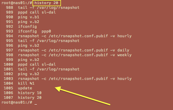 Fig.06: View session history in the bash shell using history command