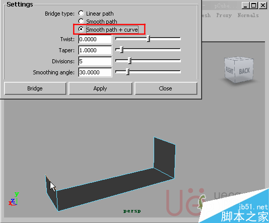 MAYA Polygons建模Edit Mesh命令集详解解释 武林网 MAYA建模教程16-Bridge-Smooth-path-+-curve.gif