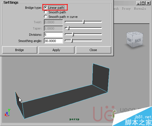 MAYA Polygons建模Edit Mesh命令集详解解释 武林网 MAYA建模教程14-Bridge-Linear-path.gif