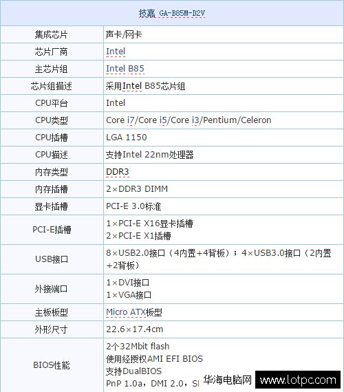 技嘉B85M-D2V主板参数