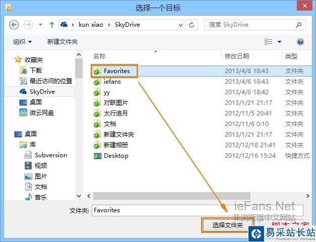 选中在Skydrive中新建的Favorites文件夹