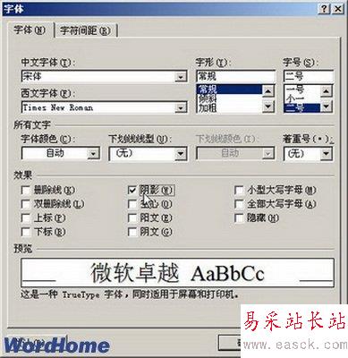 Word2007阴影等字体效果的设置