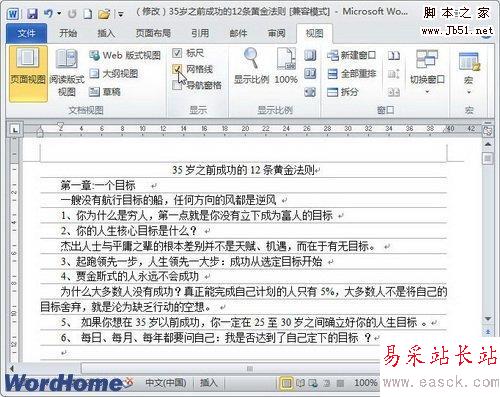 Word2010文档窗口网格线