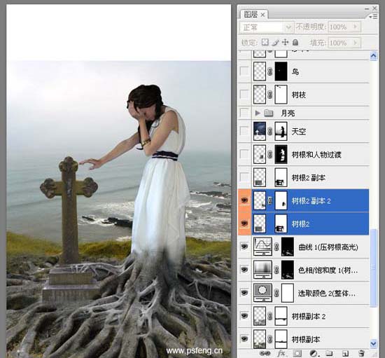 photoshop合成实例:十字墓碑旁的枯树美女