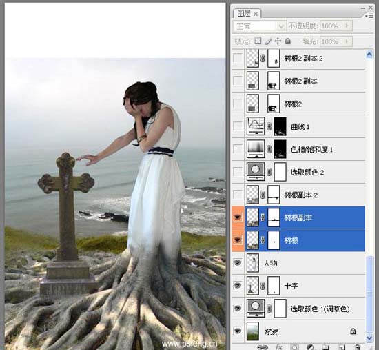 photoshop合成实例:十字墓碑旁的枯树美女