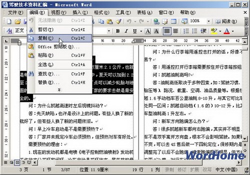 word2003中如何复制粘贴文本