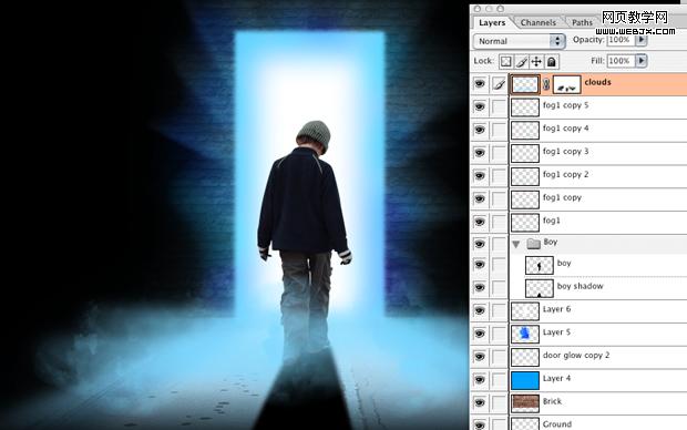 ps合成教程:走进神秘发光之门的男孩-webjx.com