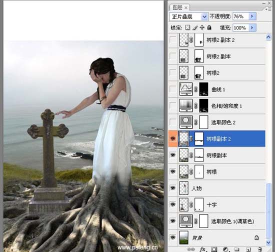 photoshop合成实例:十字墓碑旁的枯树美女-webjx