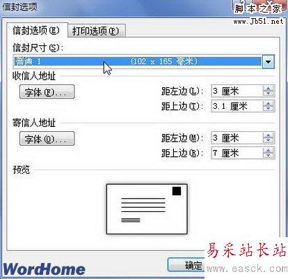 信封选项对话框