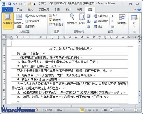 Word2010文档窗口网格线