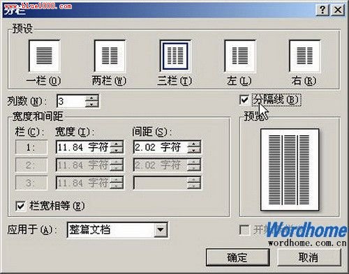 Word 2007分栏对话框中自定义分栏