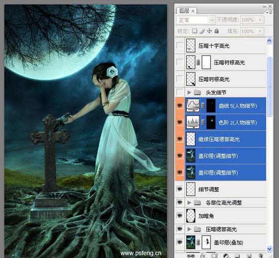 photoshop合成实例:十字墓碑旁的枯树美女