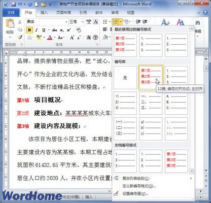 Word2010中定义编号格式