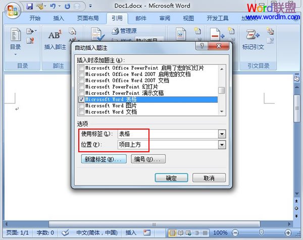 勾选Microsoft Word表格