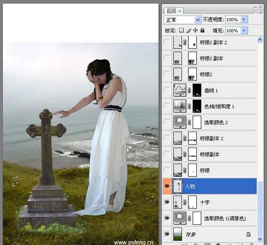photoshop合成实例:十字墓碑旁的枯树美女