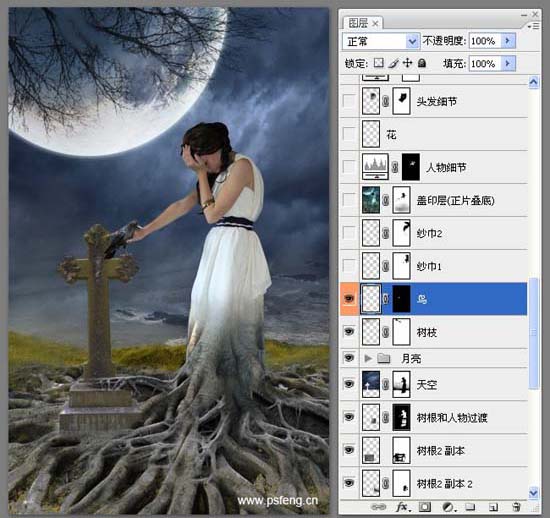 photoshop合成实例:十字墓碑旁的枯树美女_webjxcom