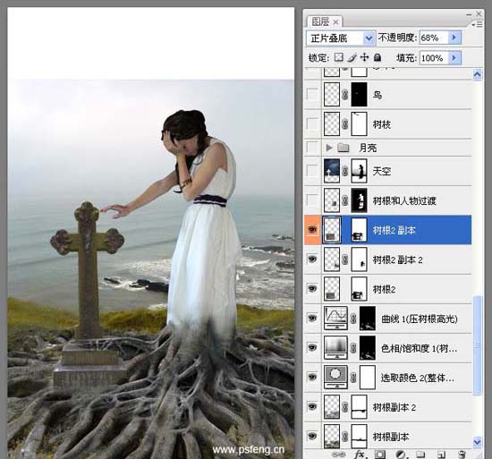 photoshop合成实例:十字墓碑旁的枯树美女
