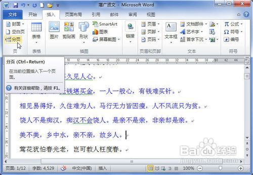 Word2010中插入分页符的两种方法