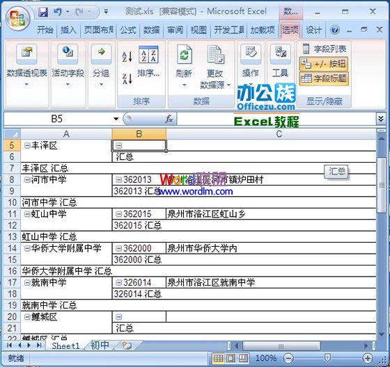 Excel2007中给复杂的数据插入数据透视表