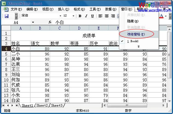 Excel 2003固定表头设置