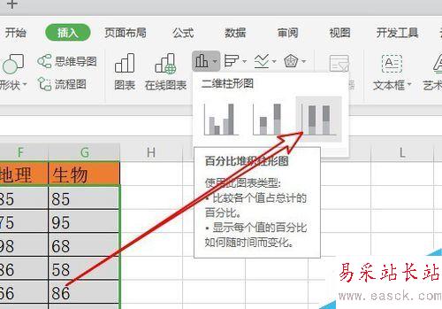 wps2019怎么插入百分比堆积柱形图？wps2019表格插入百分比堆积柱形图教程