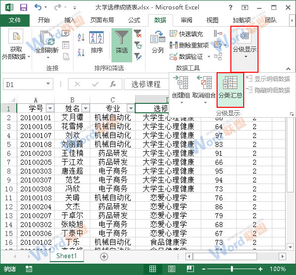 选择分类汇总