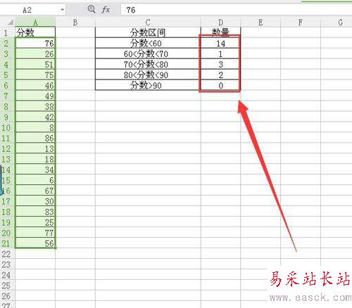 wps中利用frequency函数获取分数区间数量