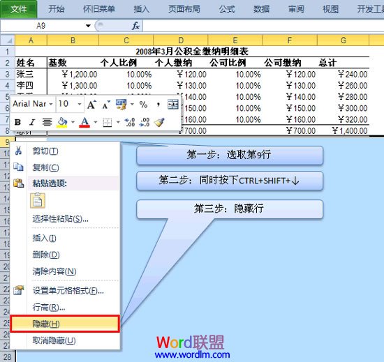 Excel2010隐藏行和列单元格方法