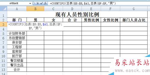 EXCEL花名册实时自动生成各部门性别比例