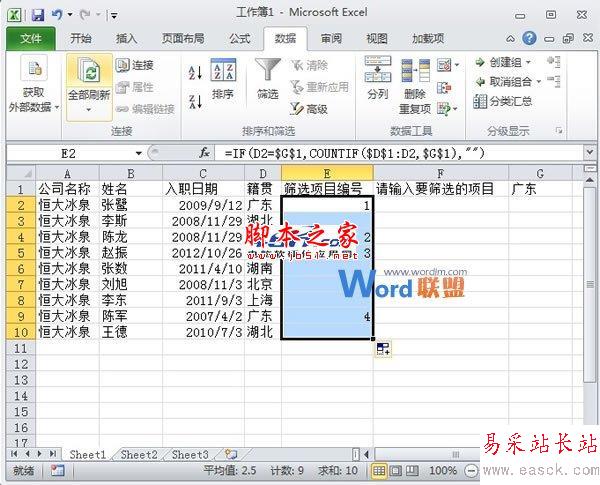 Excel2010中自定义进行筛选并依次编号