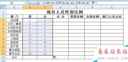 EXCEL花名册实时自动生成各部门性别比例