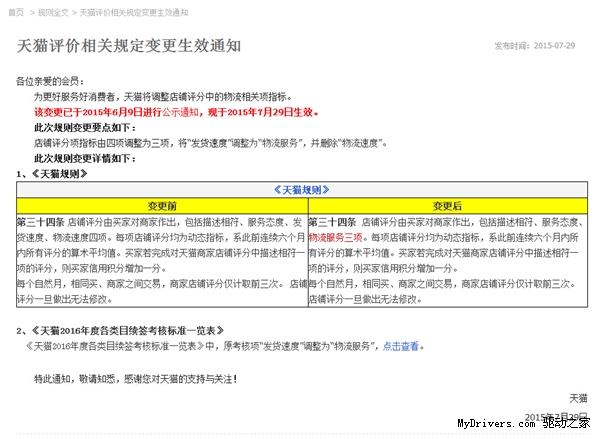 天猫收货评价规则更改：没“发货速度”了