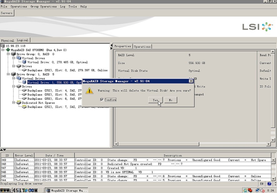 LSI 8708E SAS RAID卡管理软件MSM中如何删除阵列？