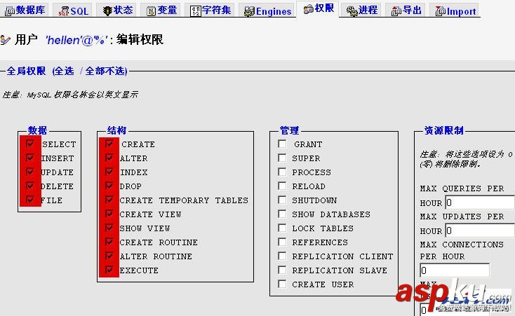 如何用phpmyadmin设置mysql数据库用户的权限