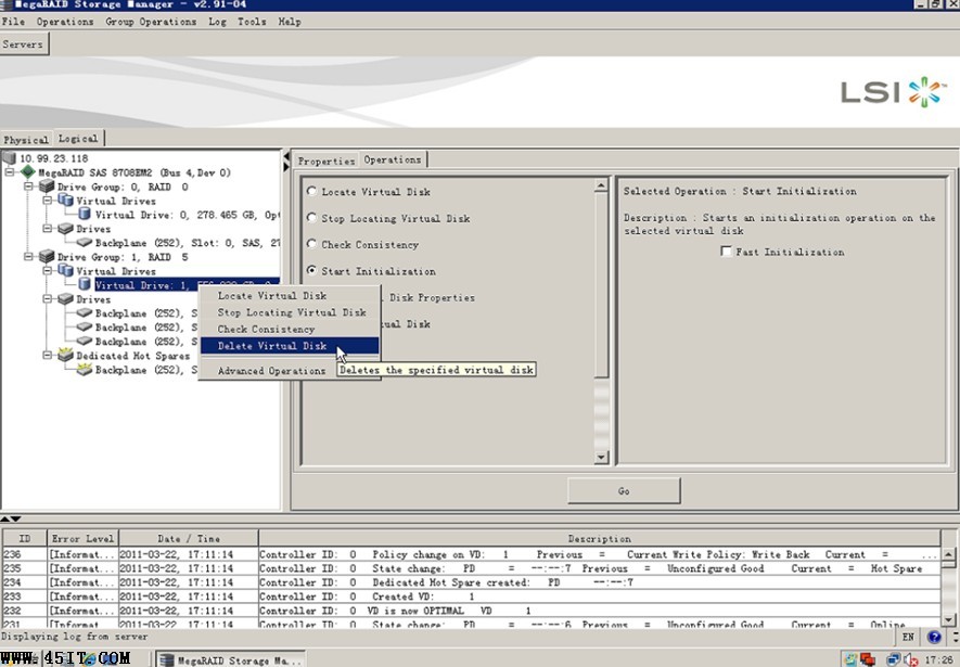 LSI 8708E SAS RAID卡管理软件MSM中如何删除阵列？